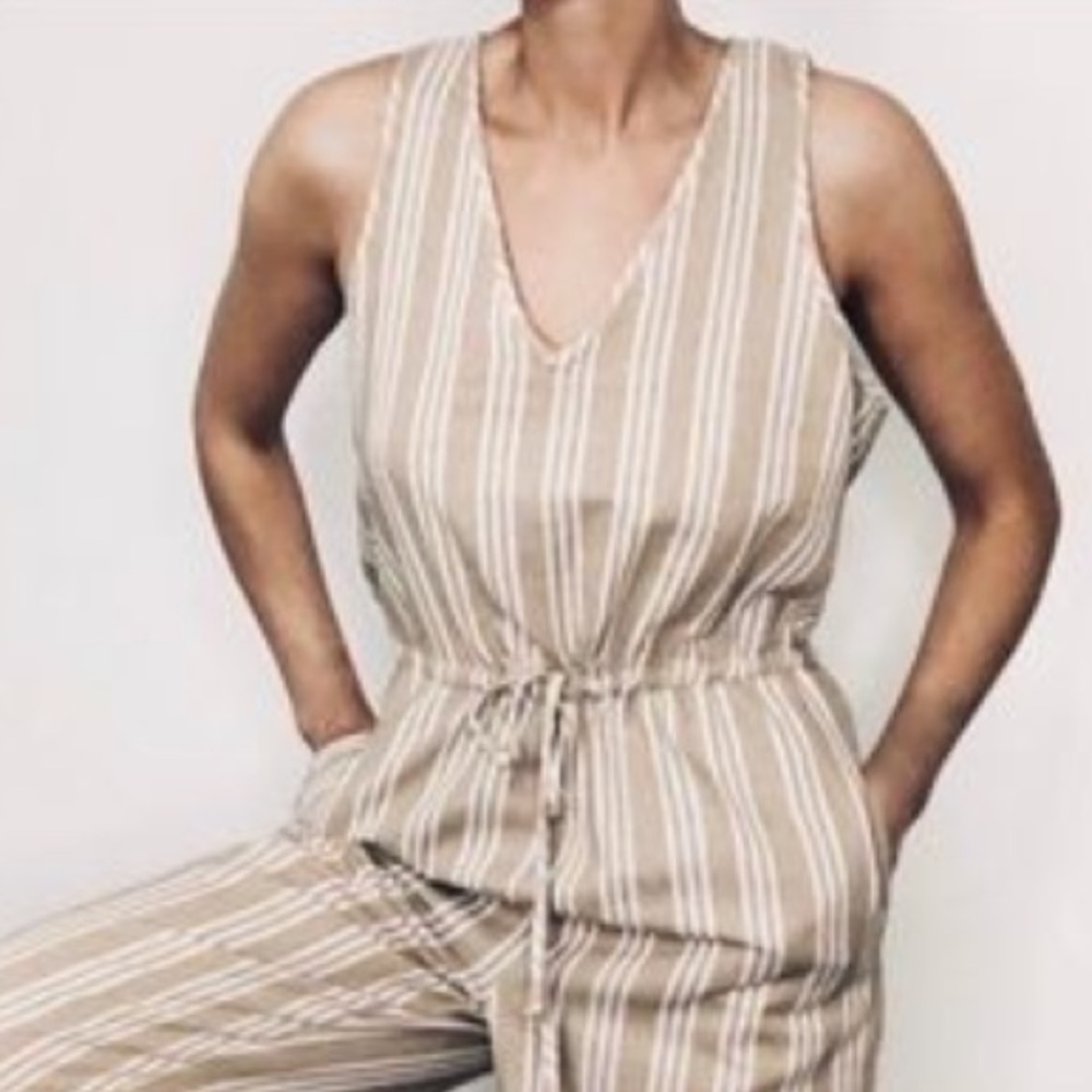 B3 Drew Striped Linen Blend Jumpsuit Drawstring Waist Sleeveless Oatmeal‎ Multi